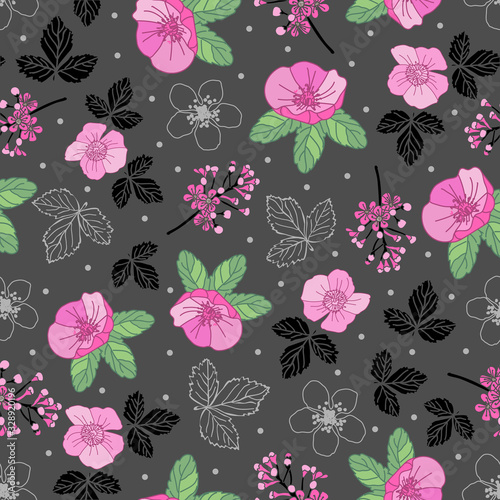 Garden s Collection-Flowers in Bloom seamless repeat pattern Background in pink,green, black gray. Almond tree flowers buds illustration background. Perfect for Fabric, Scrapbook,wallpaper