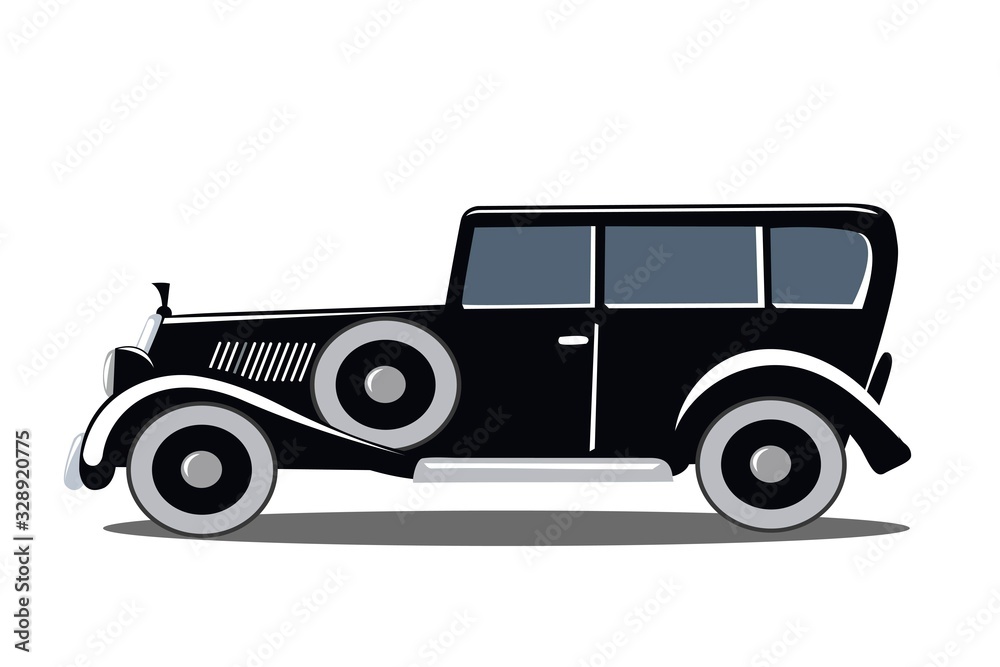 Old black car of the twenties. Gangster Limo. Vector vintage illustration.