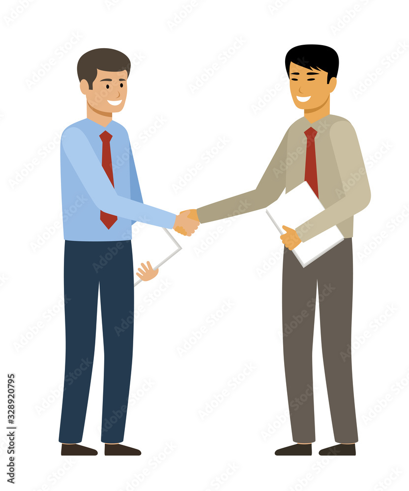 Handshake. Two businessmen want to shake hands. Cooperation. European and Asian. Vector flat illustration