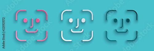 Paper cut Face recognition icon isolated on blue background. Face identification scanner icon. Facial id. Cyber security concept. Paper art style. Vector Illustration