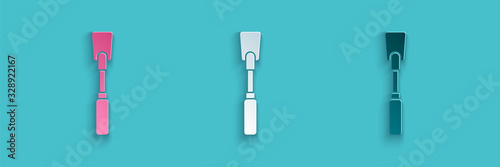 Paper cut Leather whip icon isolated on blue background. Fetish accessory. Sex toy for adult. Paper art style. Vector Illustration