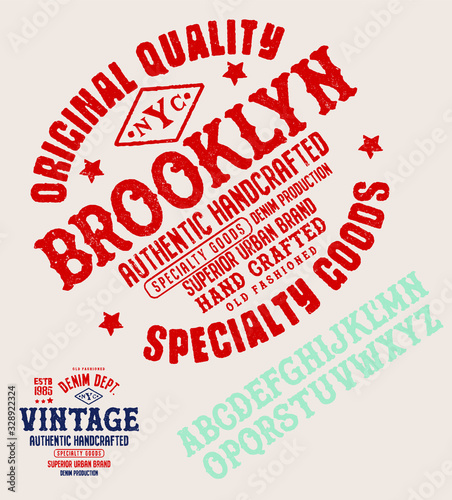 Vector illustration on the theme of denim, raw and jeans in New York City. Vintage design. Grunge background. Typography, t-shirt graphics, print, poster, banner, flyer, postcard.Handmade Vintage Font photo