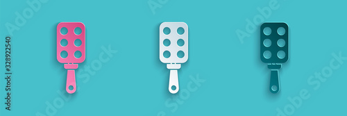 Paper cut Spanking paddle icon isolated on blue background. Fetish accessory. Sex toy for adult. Paper art style. Vector Illustration