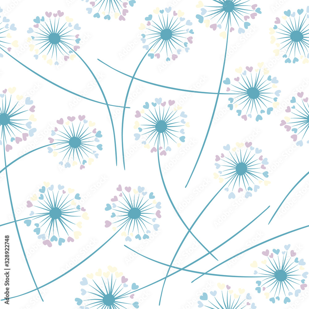 Dandelion blowing plant vector floral seamless pattern. Flowers with heart shaped petals. Dandelion blowing plant vector floral seamless pattern. Flowers with heart shaped petals.