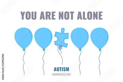 Autism disorder awareness poster. Puzzle balloon in the row of round balloons. Just different quote. Solidarity and support vector illustration in cartoon style. Healthcare and medical concept.