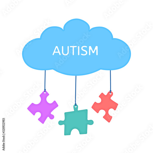 Autism disorder awareness poster of hanging jigsaw puzzle pieces from toy cloud on white background. Solidarity and support vector illustration. Healthcare and medical concept.