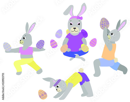 cute Easter bunnies doing yoga, vector illustration.