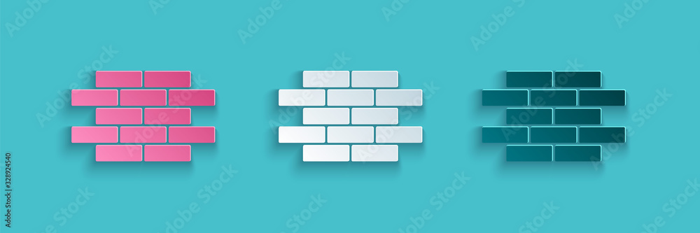 Fototapeta Paper cut Bricks icon isolated on blue background. Paper art style. Vector Illustration