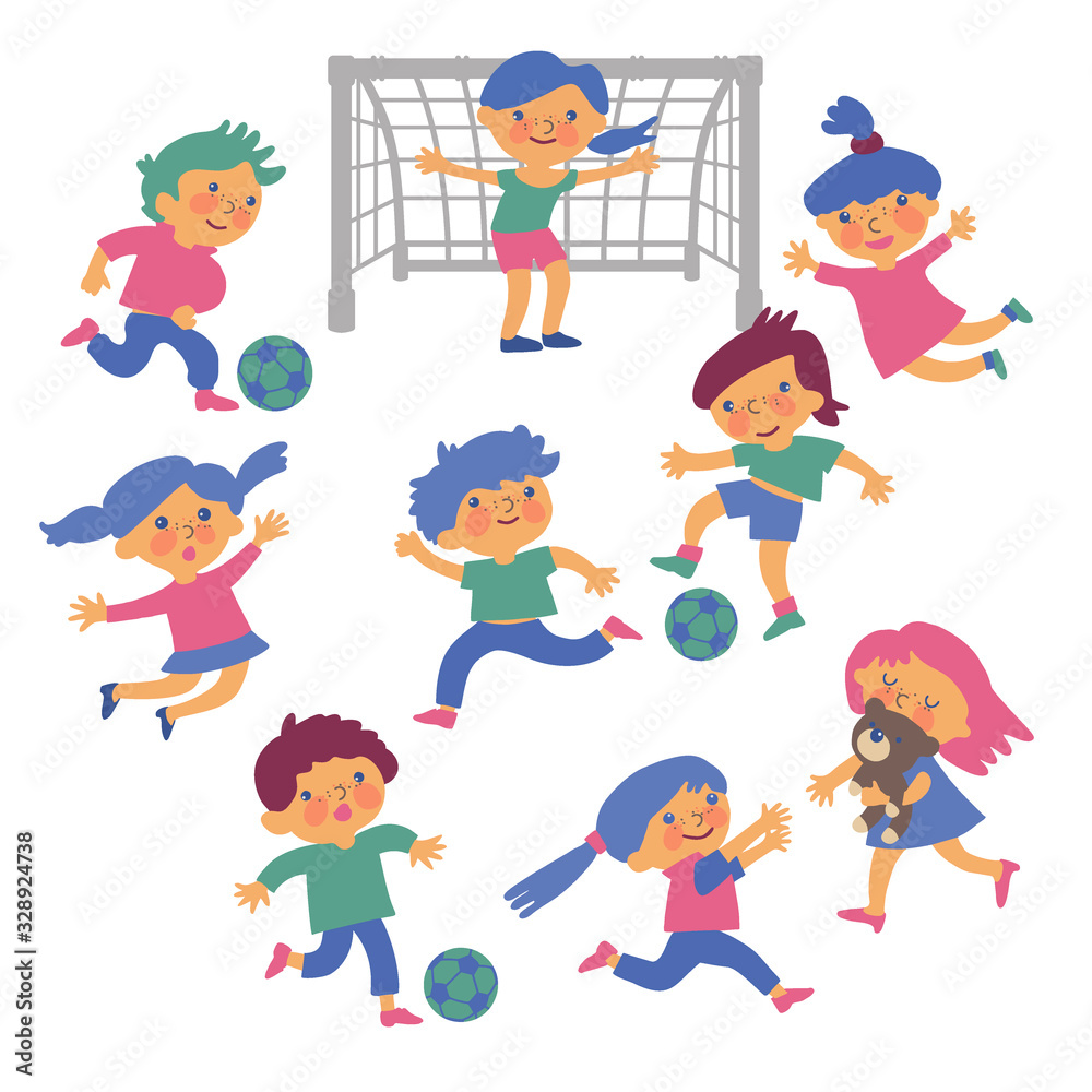 Vector illustration of little children. Boys and girls play soccer. Set of cute soccer players. Kids isolated on a white background. Happy Kids. Cartoon Style