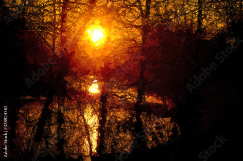 Impressionistic Style Artwork of the Morning Sun Rising Over the Misty River