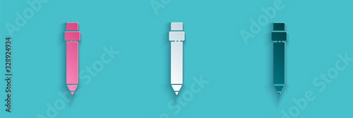 Paper cut Pencil with eraser icon isolated on blue background. Drawing and educational tools. School office symbol. Paper art style. Vector Illustration
