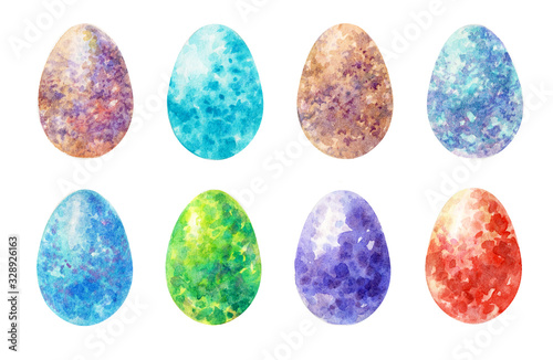 Happy Easter. Collection of colored eggs, easter eggs, watercolor painting. Set for greeting card design. Set of colored eggs on a white background. Easter egg coloring concept.