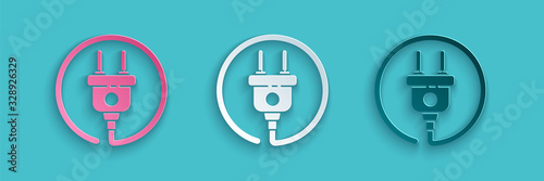 Paper cut Electric plug icon isolated on blue background. Concept of connection and disconnection of the electricity. Paper art style. Vector Illustration