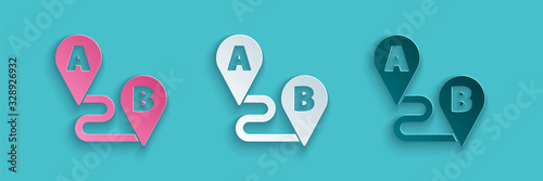 Paper cut Route location icon isolated on blue background. Map pointer sign. Concept of path or road. GPS navigator. Paper art style. Vector Illustration