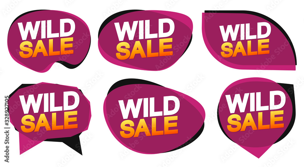 Set Wild Sale bubble banners design template, discount tags, app icons, vector illustration