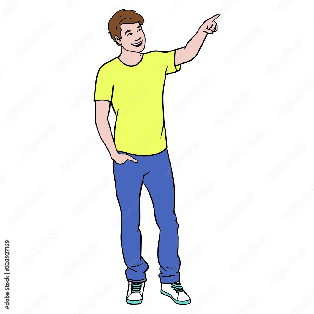 Young man with yellow t shirt points his finger to the side. isolated, white background.