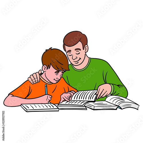 a father helps his son with his homework. learn, school, table, books, comic.