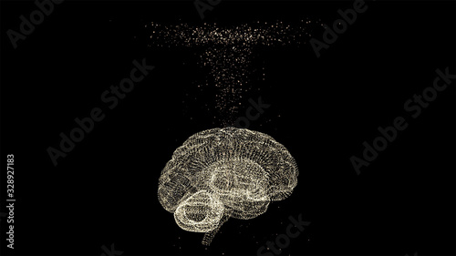 Fototapeta Naklejka Na Ścianę i Meble -  Brainstorming graphic with alpha channel. 3d render glittering brain under pressure, scattering up golden particles.