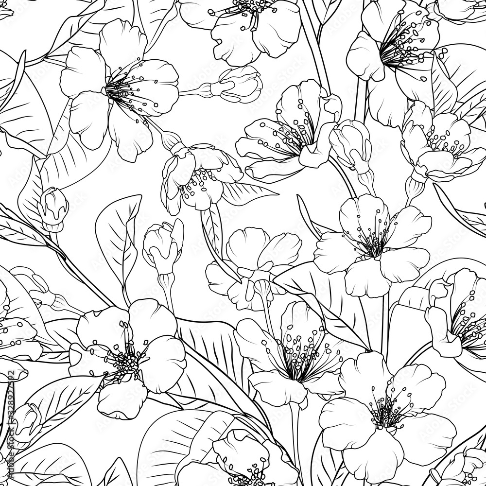 Sakura flowers seamless pattern texture background. Spring asian chinese japanese cherry tree branch leaves blossom.