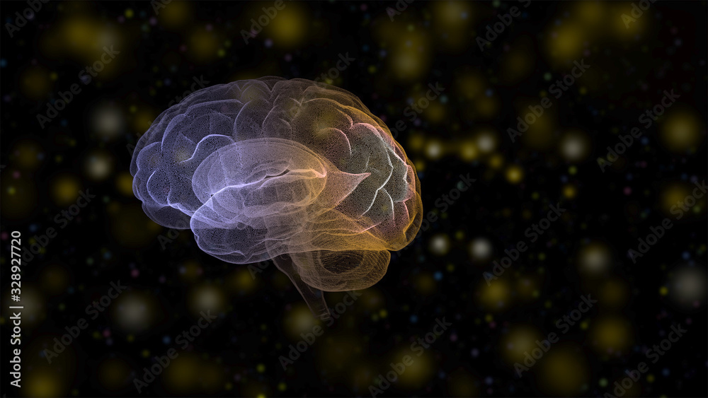 3d image of brain creating new ideas inside a world of light bokeh bubbles over black background.