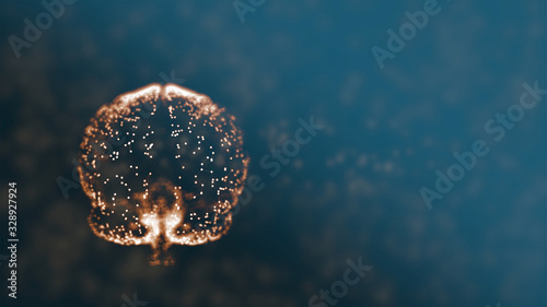Photo 3d render abstract brain model half ruined by infection, losing some parts over dark background