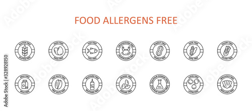 14 free food allergens icon. Vector set of 14 icons with editable stroke. Collection includes gluten, fish, egg, crustacean, peanut, lupin, soya, milk, trees nuts, mustard, sesame, sulphur dioxide.