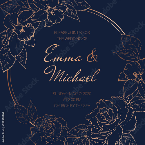 Elegant round vector design frame with narcissus, peony, rose flowers. Wedding event invitation card template.