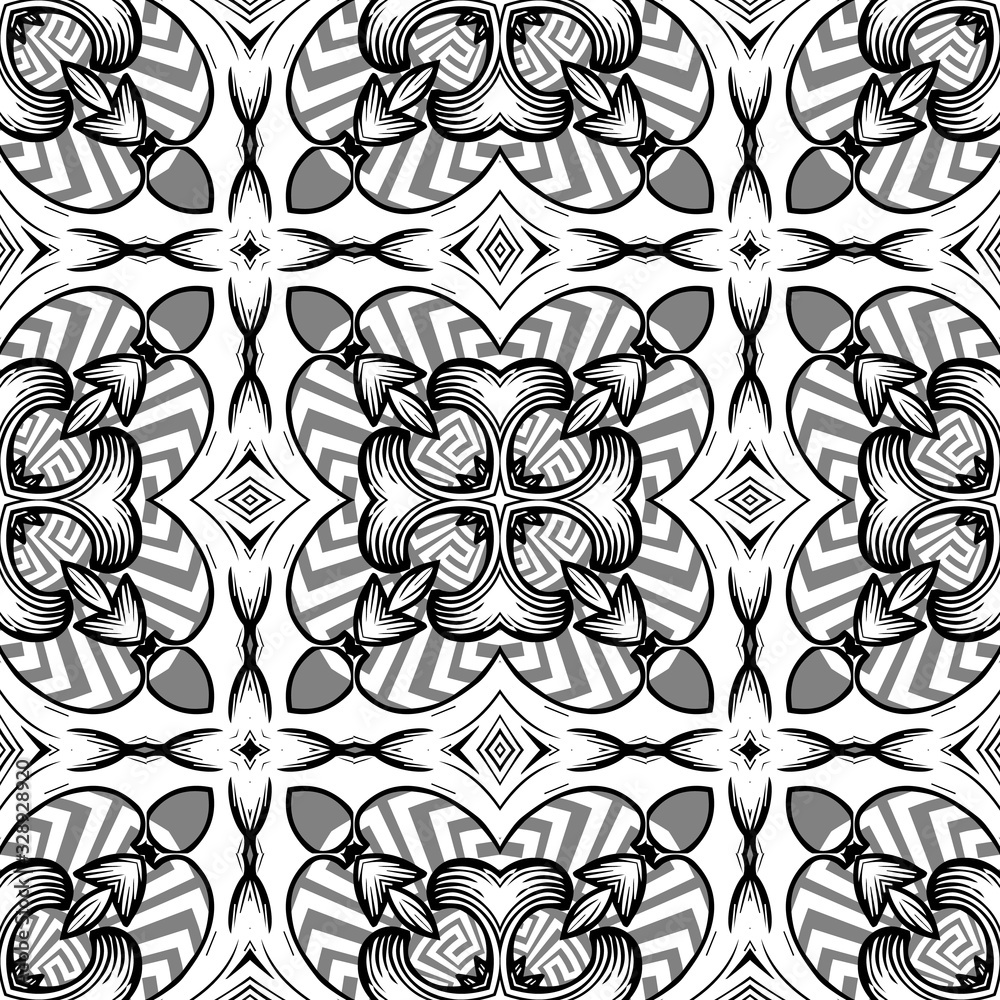 Black and white vintage floral vector seamless pattern. Greek ornamental background. Repeat tribal ethnic style  backdrop. Geometric greek key meanders design with grunge flowers, leaves, shapes