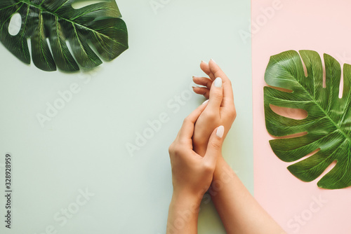 Pastel manicure on a blue and pink background with palm leaves. Tropical background with woman's hands