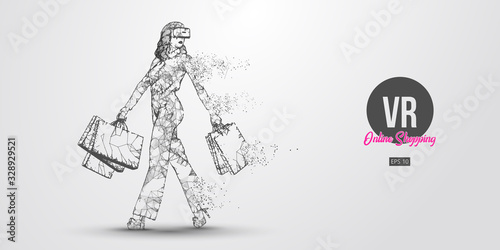 VR online shopping. Polygonal woman, girl wearing virtual reality glasses. Beautiful happy woman is walking with a shopping bags, buy a goods in one click. VR headset holographic wireframe vector
