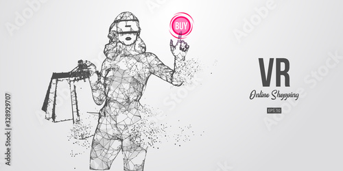 VR online shopping. Polygonal woman, girl wearing virtual reality glasses. Beautiful happy and stylish woman with a shopping bags, buy a goods in one click. VR headset holographic wireframe vector