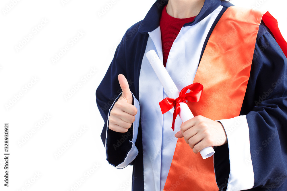 Graduation, Student holding a diploma in hand during the graduation success of the university, Concept education congratulations, Graduation Ceremony, In white background Graduation, Student holding a diploma in hand during the graduation success of the university, Concept education congratulations, Graduation Ceremony, In white background