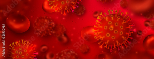 Vector influenza coronavirus background, virus 2019. 3d illustration, asian flu. Realistic bacteria, microbe infection and blood, biology banner, concept. Vector bacillus, microorganism in closeup.