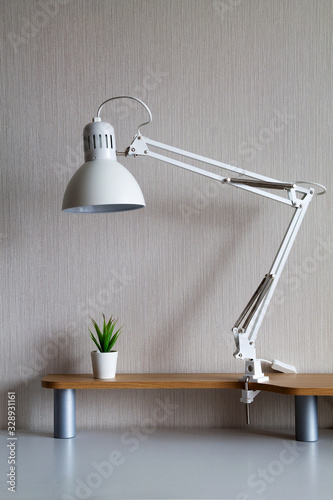white lamp with a small plant on a white table. desktop organization. office interior