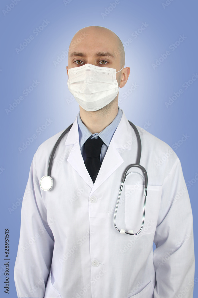 doctor in white uniform with a stethoscope in a protective mask and glasses, concept of medical care in the country, insurance, treatment doctor in white uniform with a stethoscope in a protective mask and glasses, concept of medical care in the country, insurance, treatment