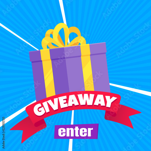 Giveaway gift concept for winners in social medias flat style design vector illustration. Internet give away poster for bloggers prize announcement random quizes flyer leflet on rays background. photo