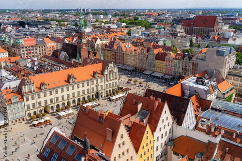 Top aerial panoramic view of Wroclaw old town historical city centre with Rynek Market Square