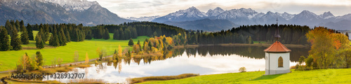 panoramic landscape with meadow and lake in front of alps mountains