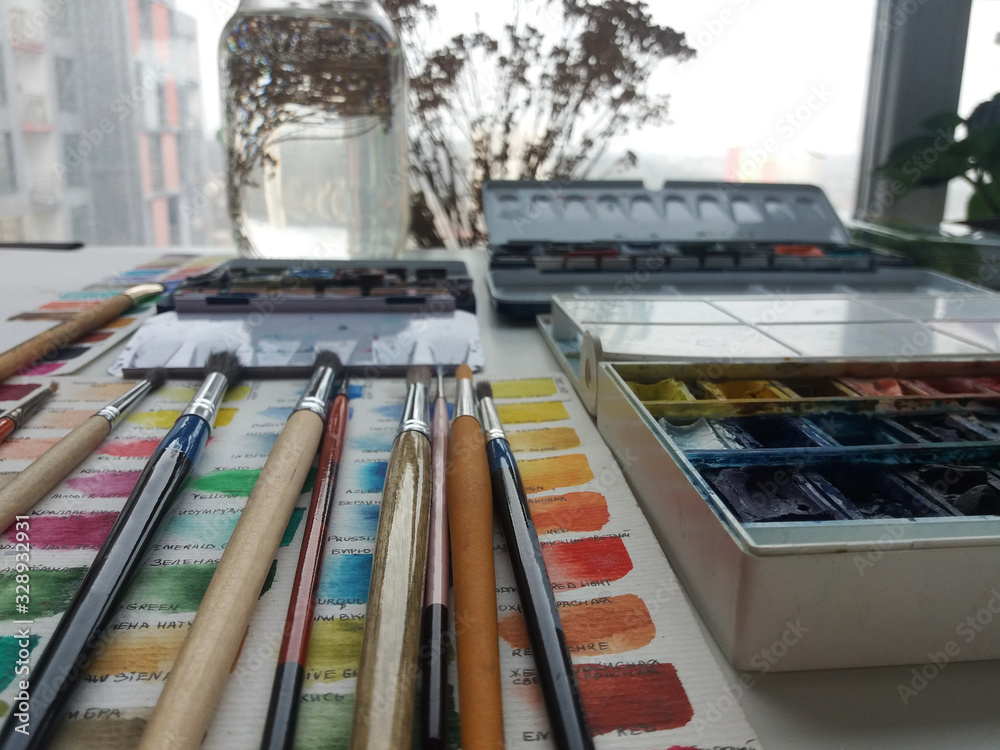 Art studio, drawing process, paintings, art materials, flowers, watercolor, pencils, botanical illustration Art studio, drawing process, paintings, art materials, flowers, watercolor, pencils, botanical illustration