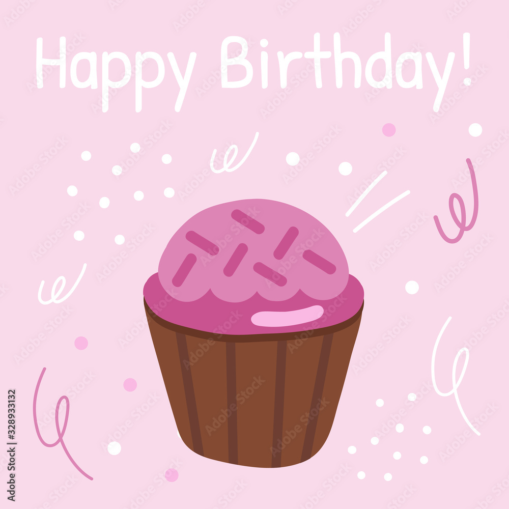 Birthday card. Delicious holiday dessert. Pink background with confetti. Birthday card. Delicious holiday dessert. Pink background with confetti.
