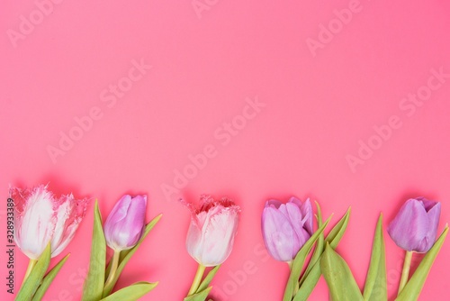 Fototapeta Naklejka Na Ścianę i Meble -  Floral background with tulips flowers on pink pastel background. Flat lay, top view. Woman day background.