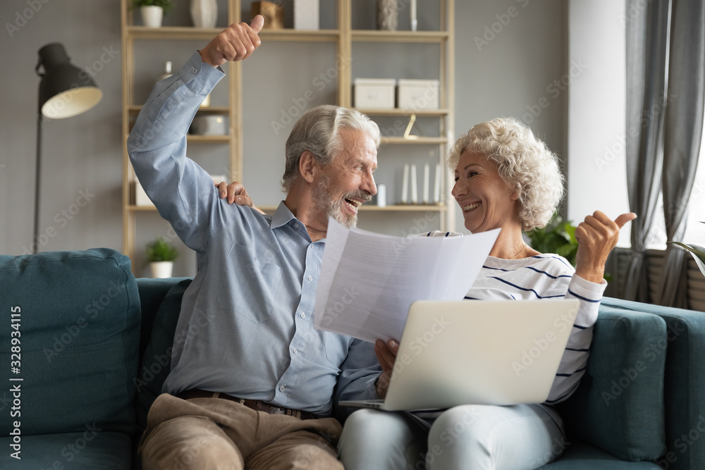 Overjoyed middle-aged 60s couple clients sit on couch at home triumph pay bills on laptop online, excited elderly husband and wife smile make easy payment using computer, user friendly banking system Overjoyed middle-aged 60s couple clients sit on couch at home triumph pay bills on laptop online, excited elderly husband and wife smile make easy payment using computer, user friendly banking system