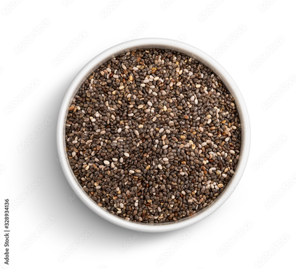 Chia seeds isolated on white background, top view Chia seeds isolated on white background, top view