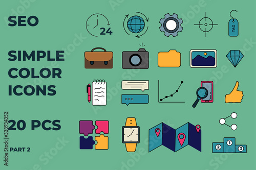 SEO icons set. Simple color icons for seo, business and social media marketing