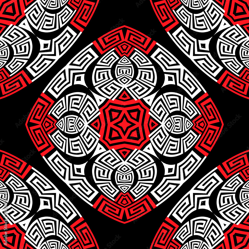 Black white red greek vector seamless pattern. Ornamental geometric ethnic tribal background. Colorful elegant repeat backdrop. Geometric modern greek key meanders ornament. Abstract flowers.