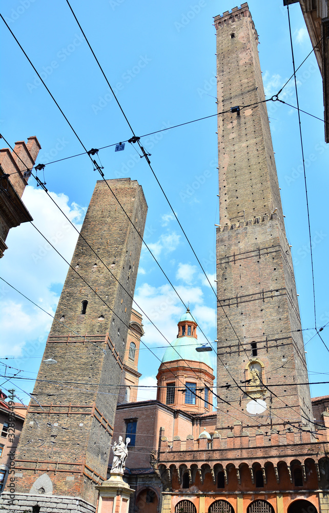Torre degli Asignelli and Garisenda, Medieval Twin Towers in Bologna, Italy; . Symbol of Town
