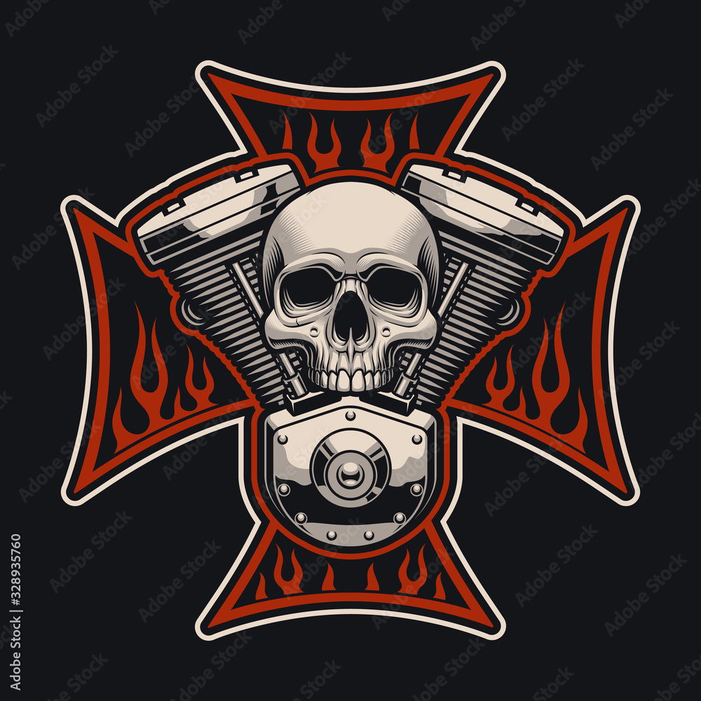 Vector biker's cross with a motorcycle engine.