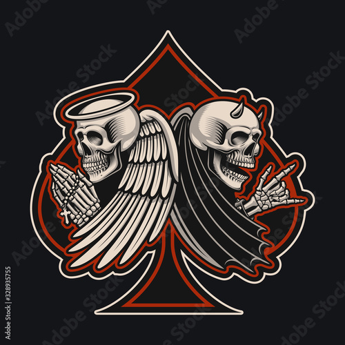 Vector illustration with an angel and devil skeletons in tattoo style.