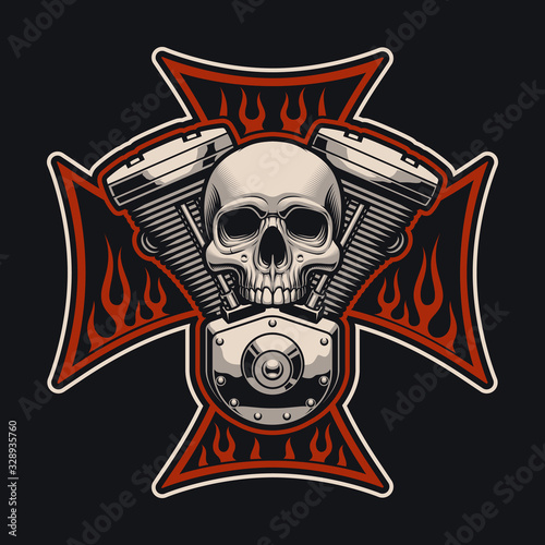 Vector biker's cross with a motorcycle engine.