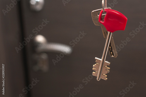 Door keys hanging in front of a closed door